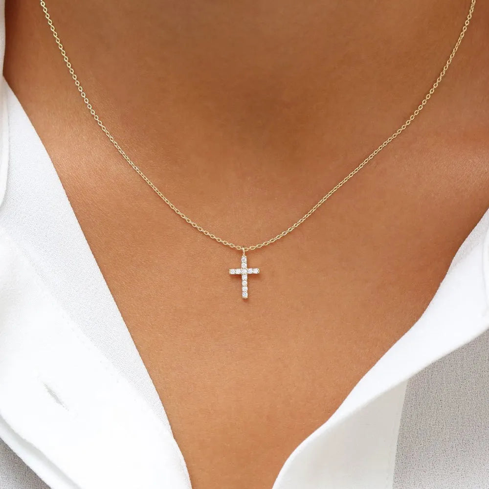14K Solid Gold Round Diamond Micro Pave Cross Pendant Necklace 0.11cttw