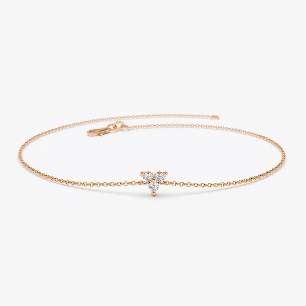 14K Solid Gold Round Diamond Three Stone Floating Triangle Bracelet Prong Setting 0.09 Carat