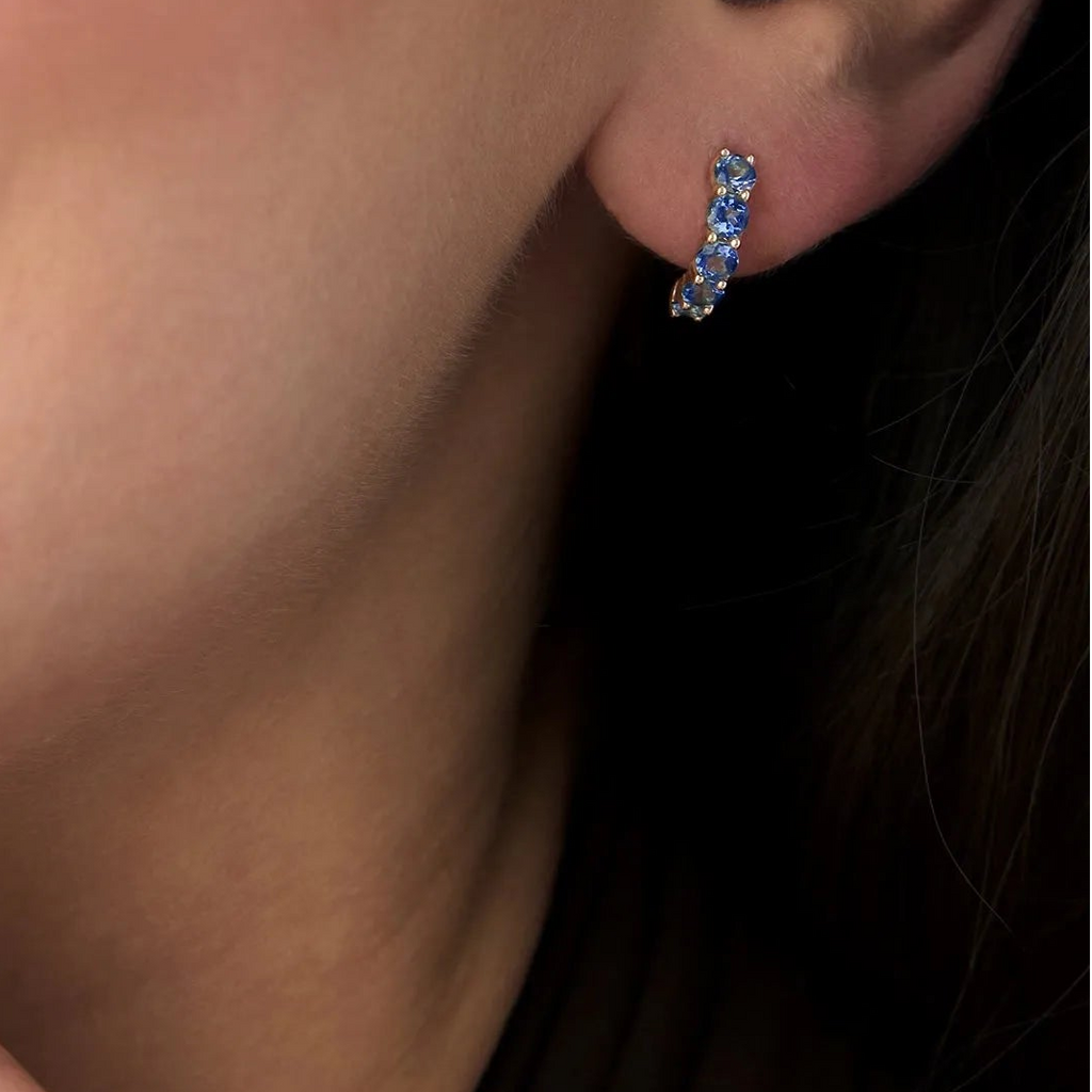 14K Solid Gold Round London Blue Topaz Prong Set Half Hoop Earrings 1.50ctw
