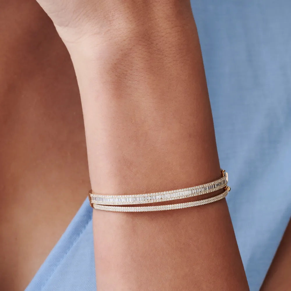 14K Solid Gold 1.63 CTW Baguette and Round Diamond Half Eternity Bangle