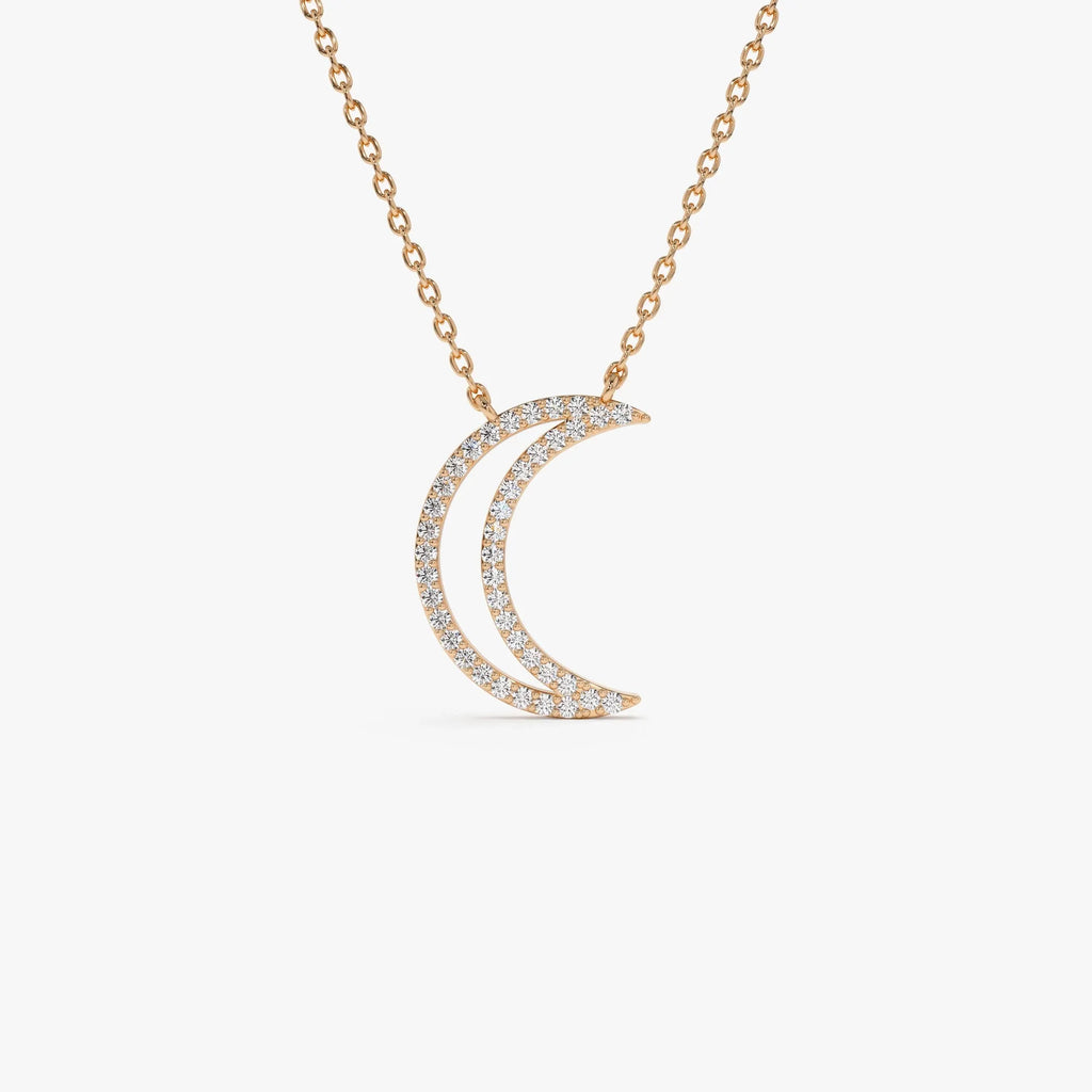 14K Solid Gold 0.15 CTW Round Diamond Moon Outline Necklace