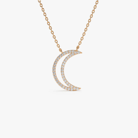 14K Solid Gold 0.15 CTW Round Diamond Moon Outline Necklace