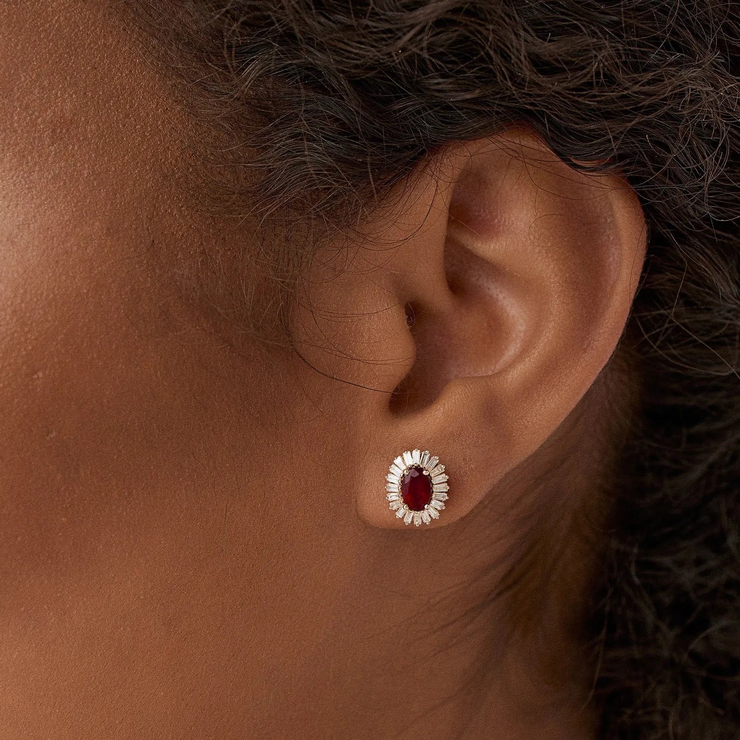 14k Solid Gold Oval Ruby and Baguette Diamond Ballerina Stud Earrings 1.70 ctw