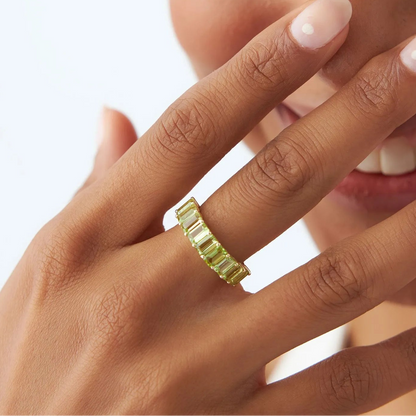 14K Solid Gold Emerald Cut Peridot 2.35 Carat Nine Stone Ring