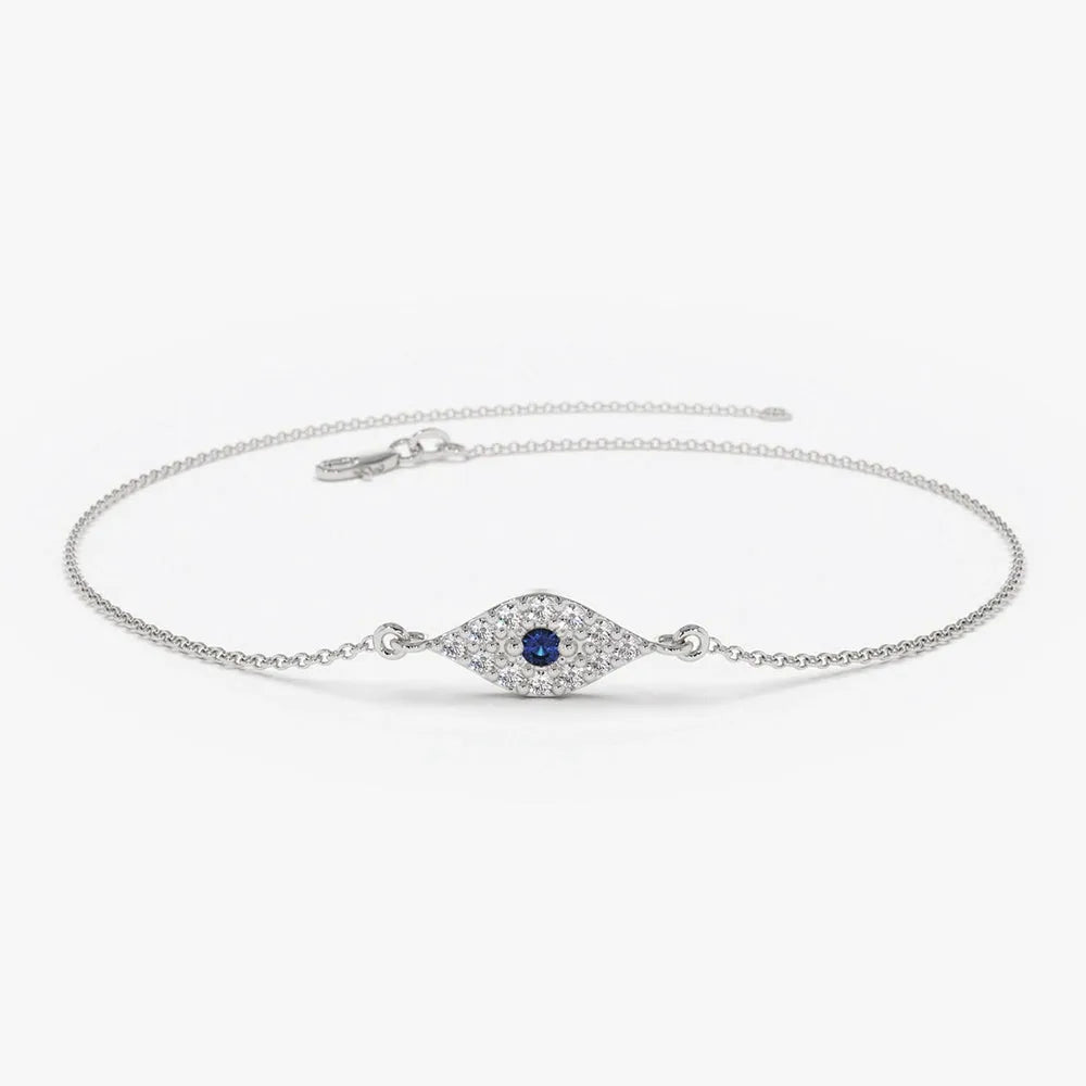 14K Solid Gold Round Diamond and Blue Sapphire Evil Eye Micro Pave Bracelet