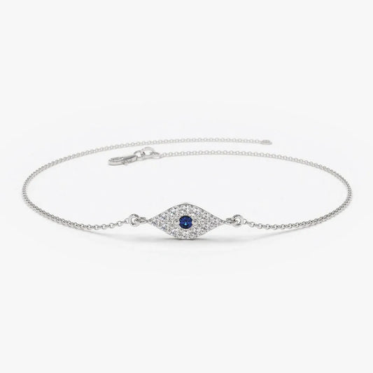 14K Solid Gold Round Diamond and Blue Sapphire Evil Eye Micro Pave Bracelet