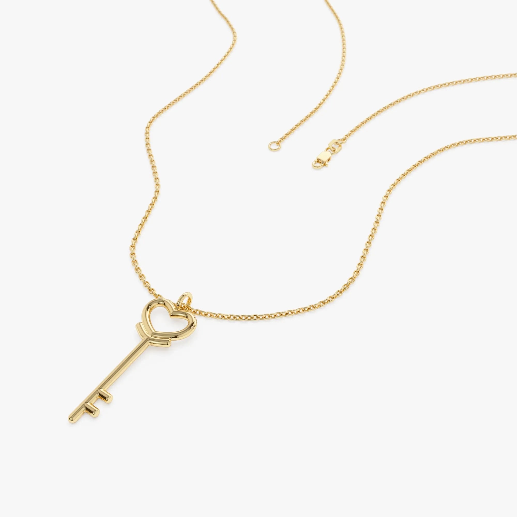 14k Solid Gold Heart Key Pendant Necklace