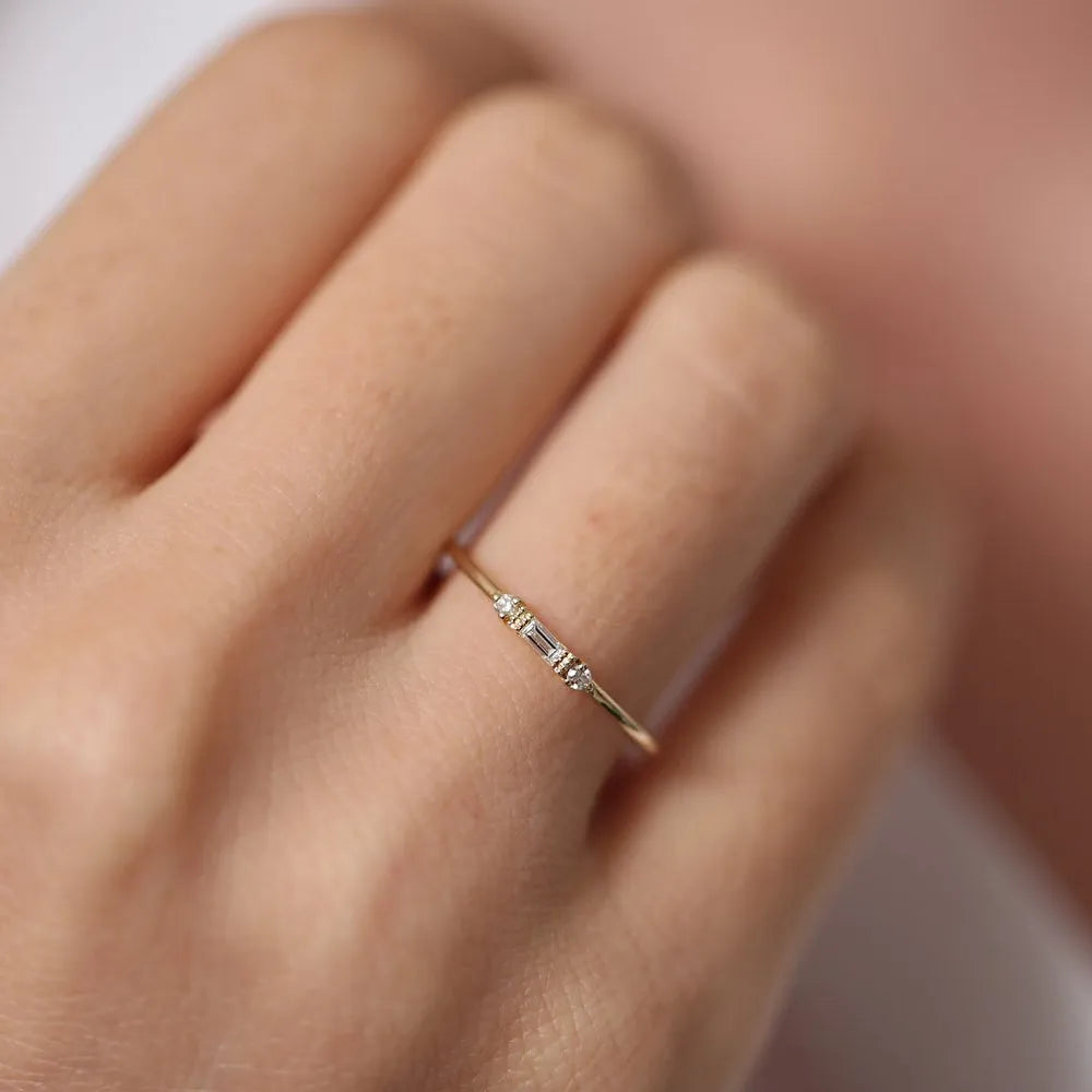 14k Solid Gold Baguette and Round Diamond 0.09ctw Horizontal Channel Set Ring