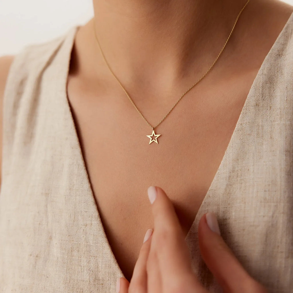14k Solid Gold Star Charm Pendant Necklace Lucky Star Symbol