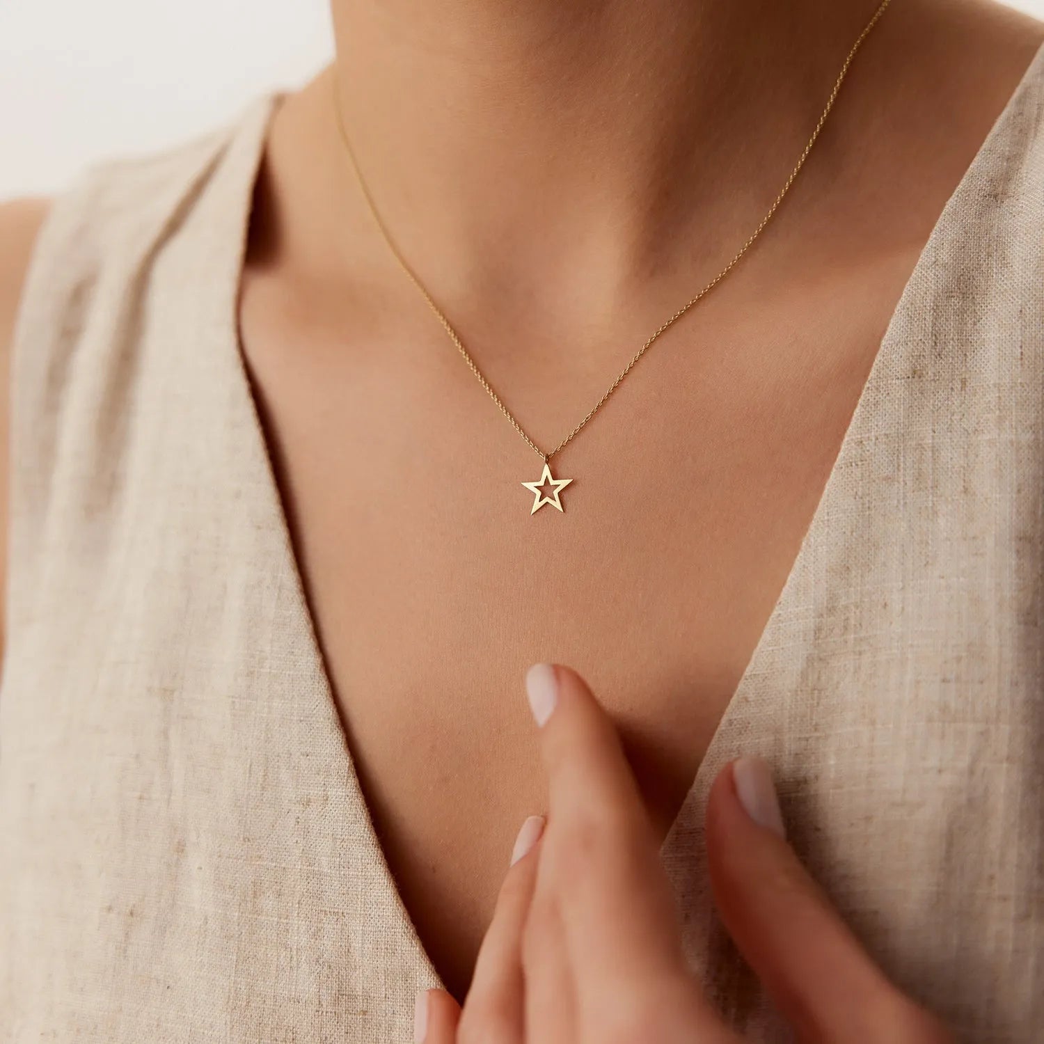 14k Solid Gold Star Charm Pendant Necklace Lucky Star Symbol