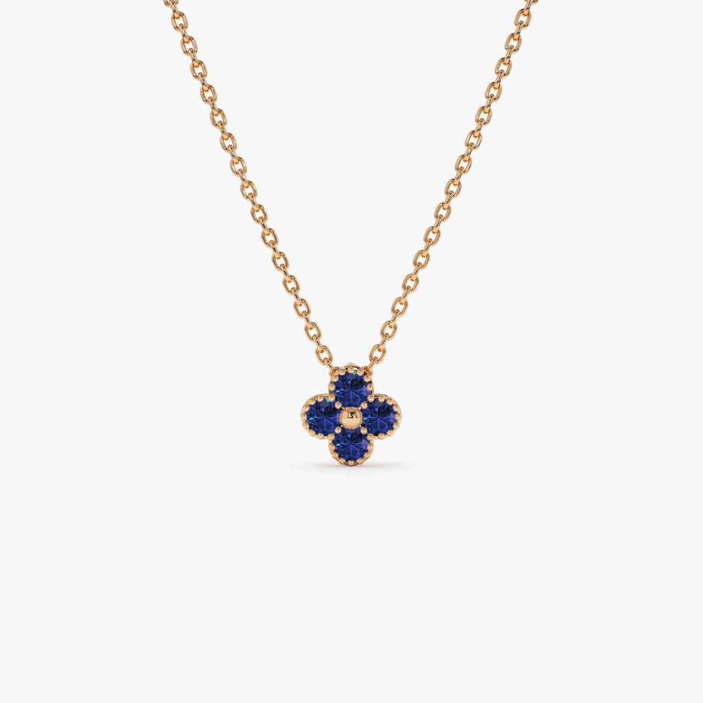 14k Solid Gold Round Sapphire Clover Beaded Necklace 0.18 Carat Prong Setting
