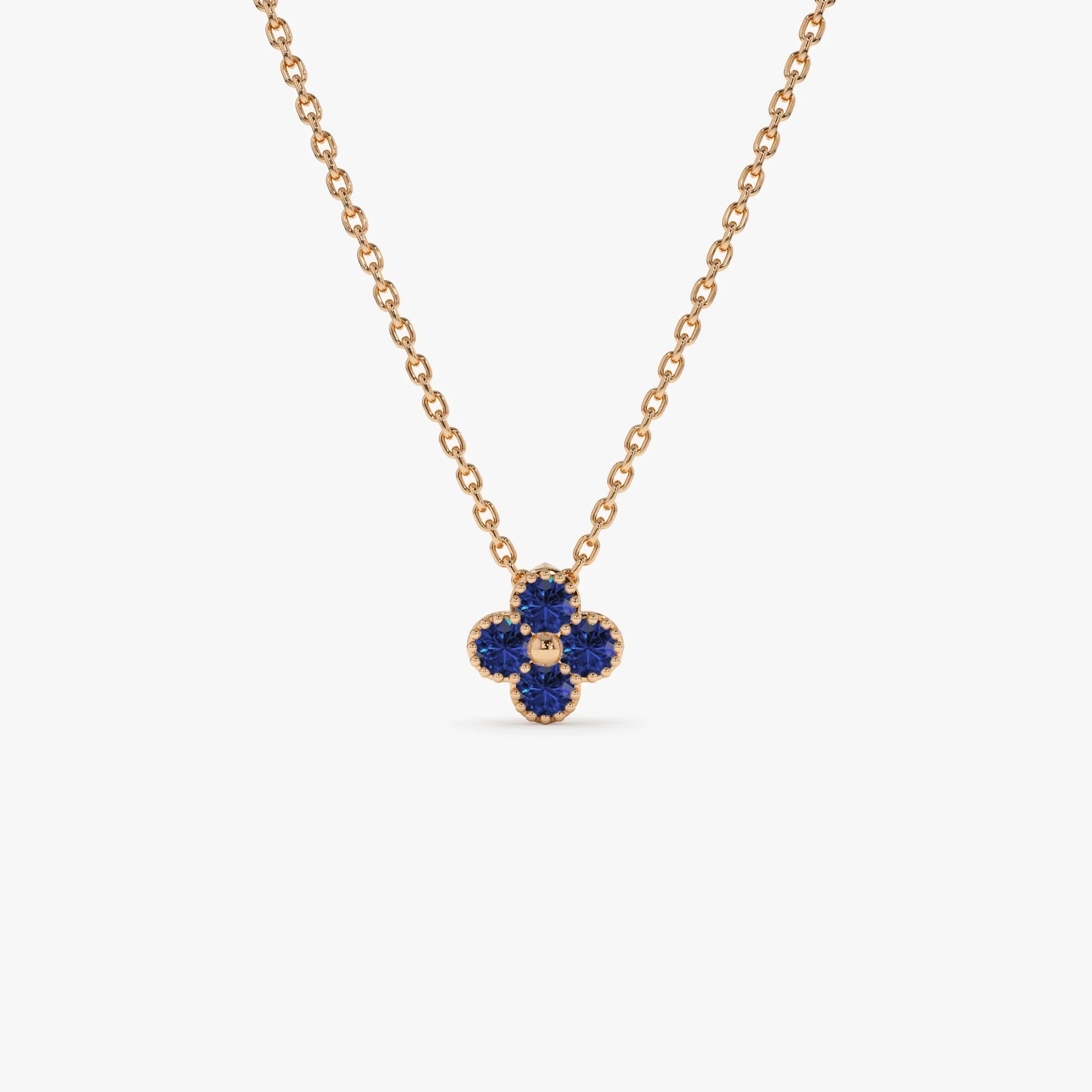 14k Solid Gold Round Sapphire Clover Beaded Necklace 0.18 Carat Prong Setting