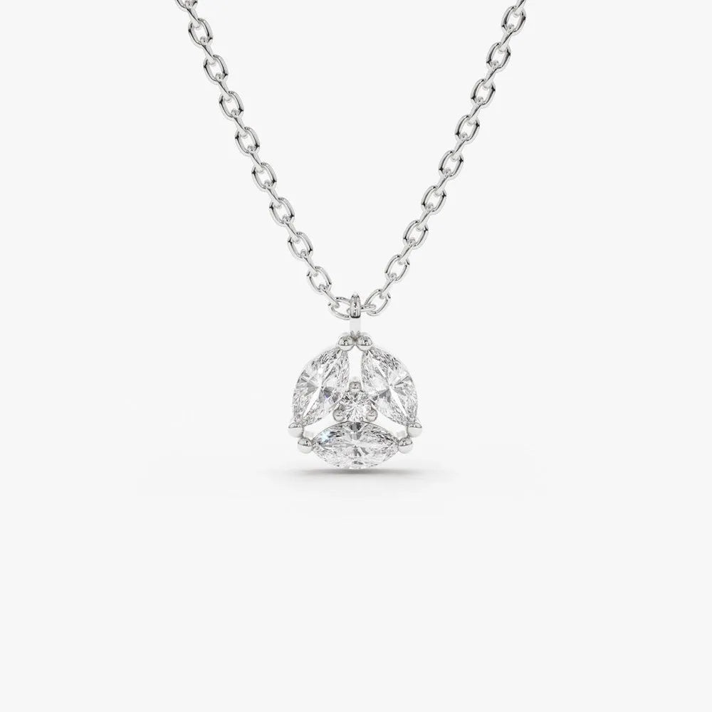 14K Solid Gold Marquise and Round Diamond Cluster Necklace Prong Setting 0.16ctw