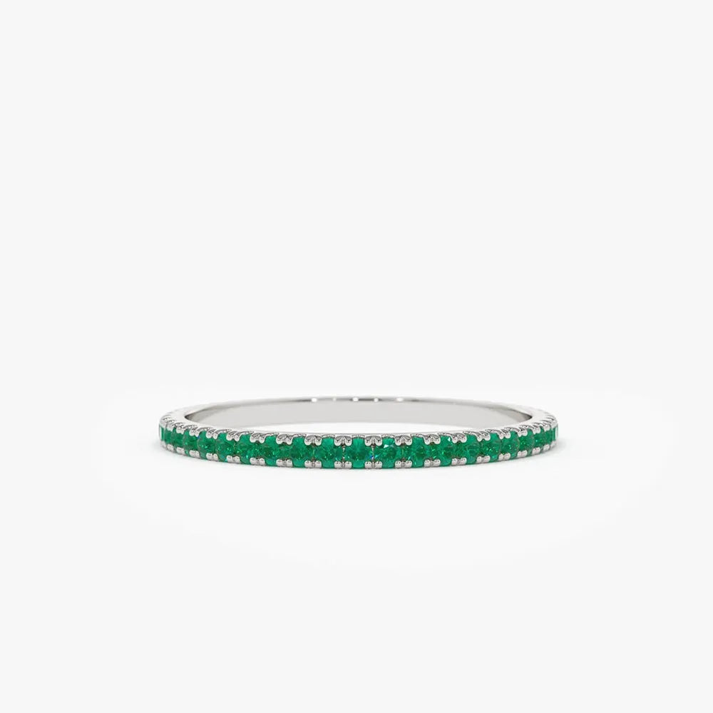 14K Solid Gold Round Emerald Micro Pave Eternity Band Ring 0.30 CTW