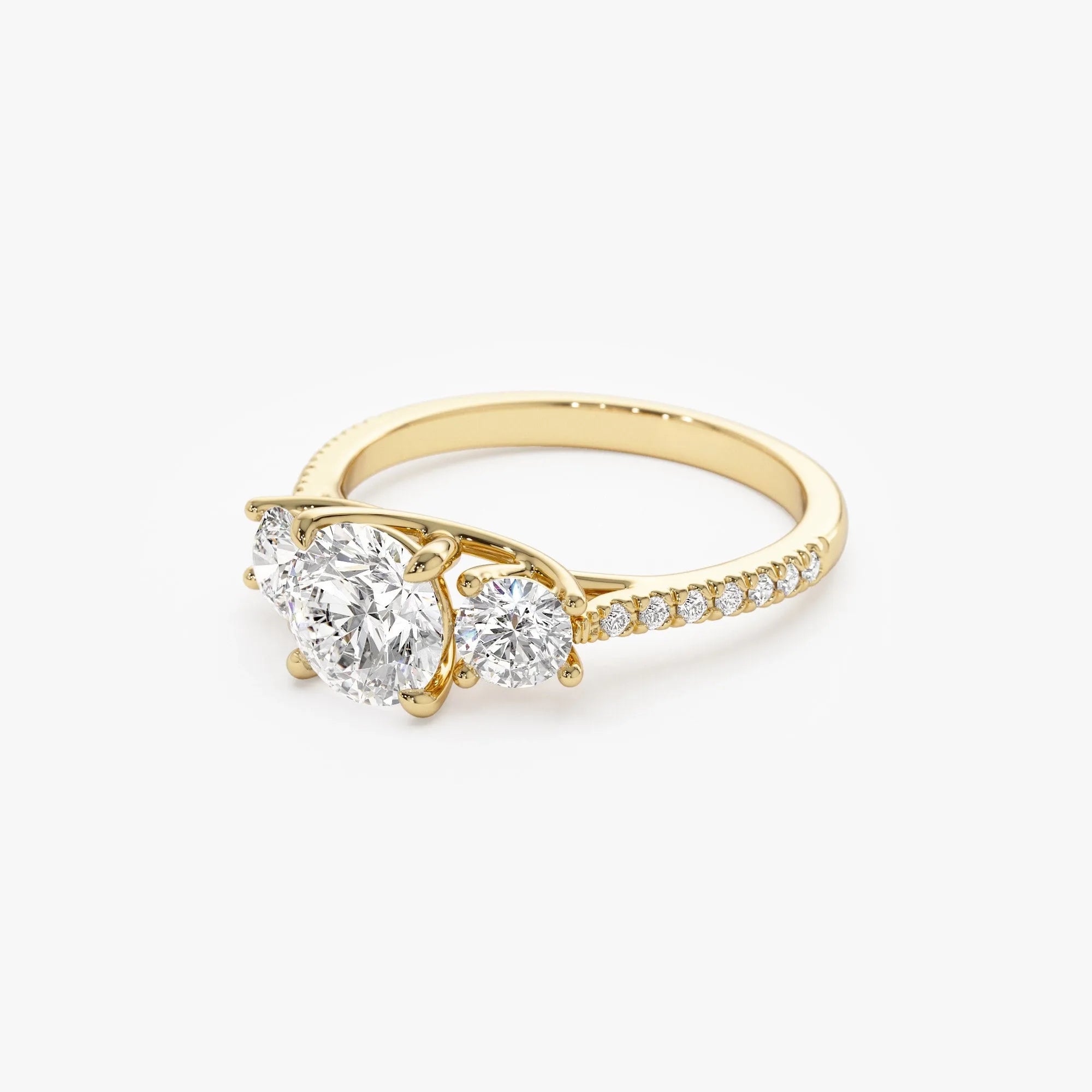 14k Gold Lab Grown Diamond Round Engagement Ring 1.65 CTW Three Stone Pave Shank
