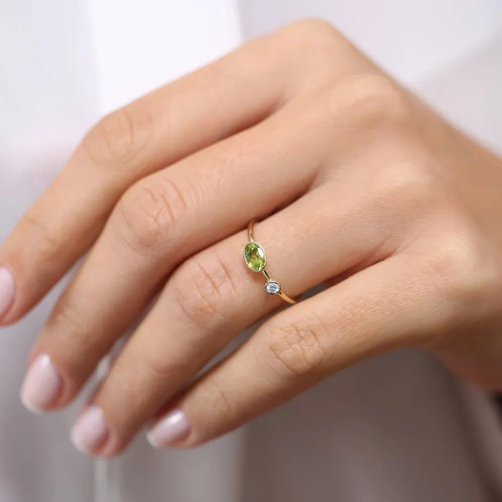 14K Solid Gold Oval Peridot and Diamond 0.56ctw Bezel Set Ring