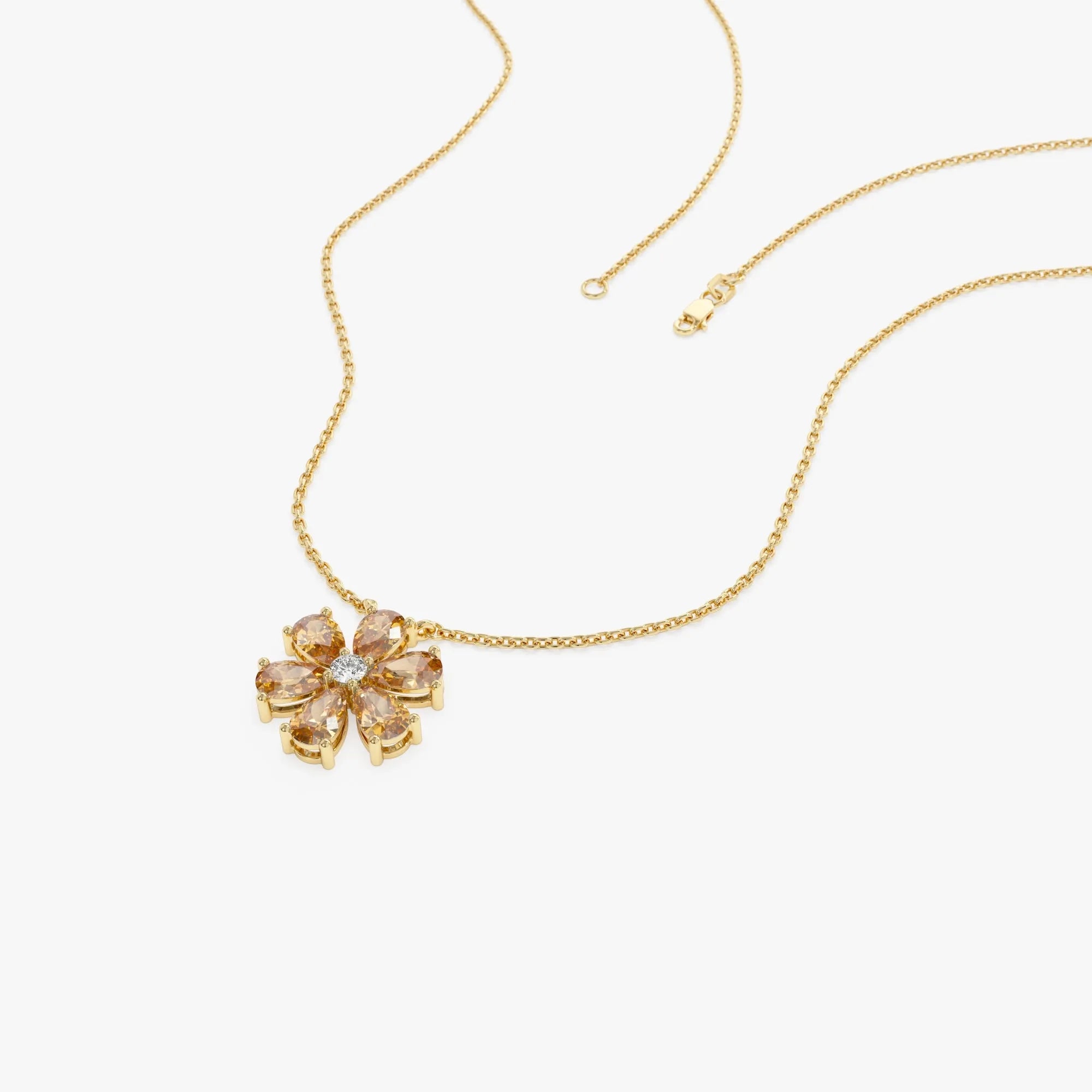 14k Solid Gold Citrine and Diamond Pear and Round Flower Necklace 1.40 Carat