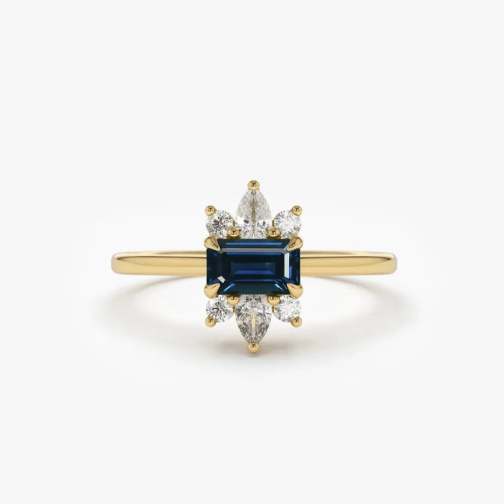 14k Gold Sapphire and Diamond Octagon Pear and Round Cut Ring 0.62 ctw