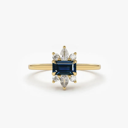 14k Gold Sapphire and Diamond Octagon Pear and Round Cut Ring 0.62 ctw