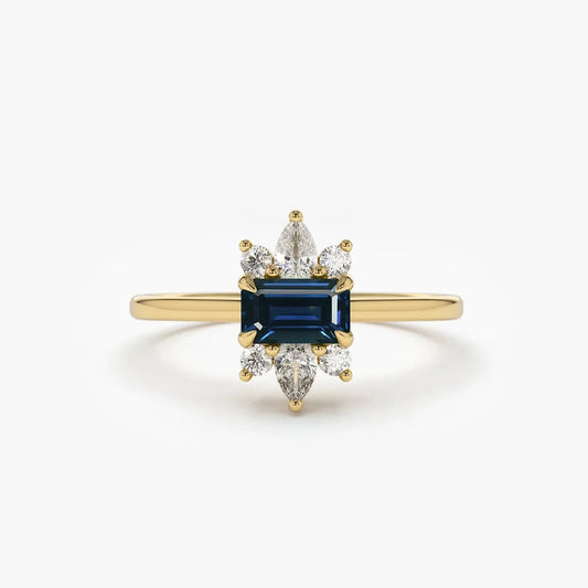 14k Gold Sapphire and Diamond Octagon Pear and Round Cut Ring 0.62 ctw