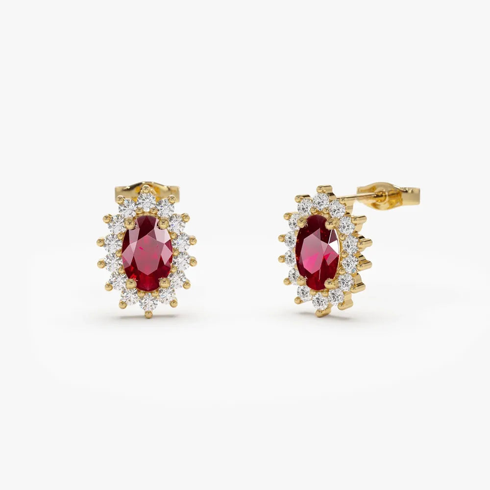 14k Gold Ruby and Diamond Oval Cut Stud Earrings 0.78 ctw