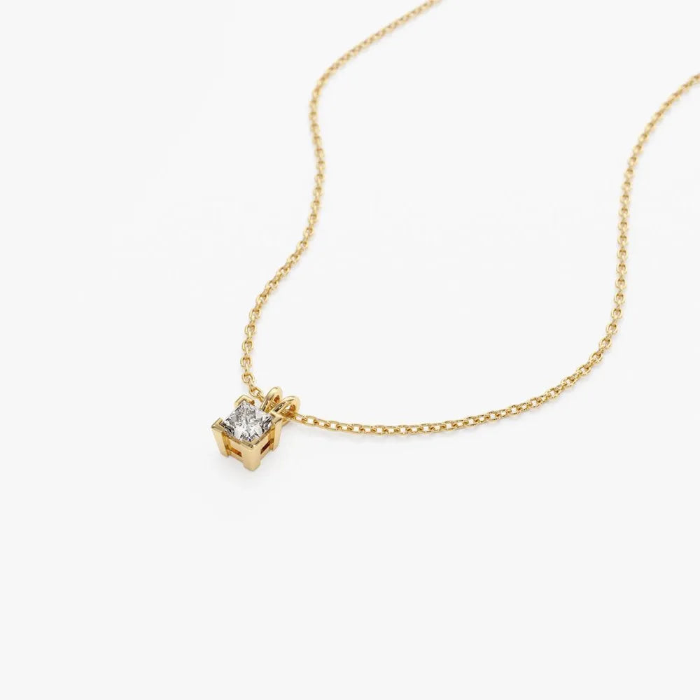 14K Solid Gold Princess Cut Diamond Solitaire Pendant Necklace Square Prong Setting 0.25ctw