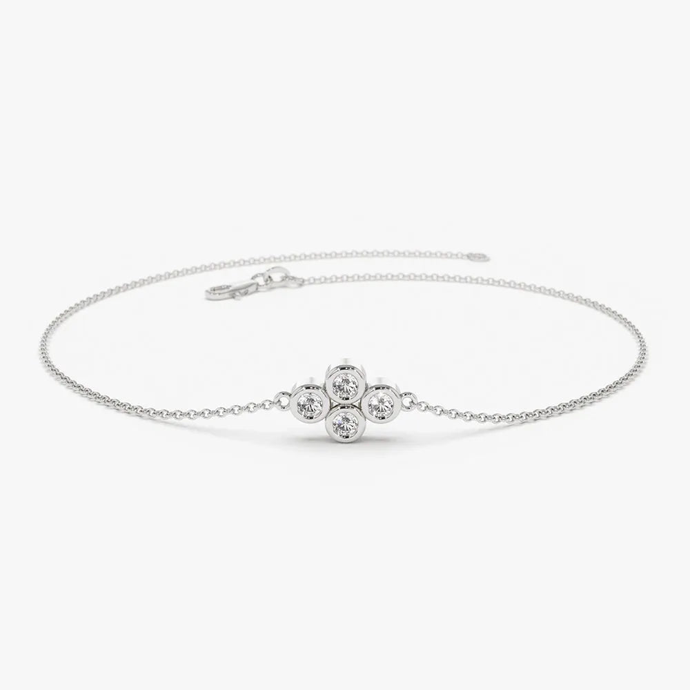 14K Solid Gold Round Diamond Quad Cluster Bracelet Bezel Setting 0.10 Carat