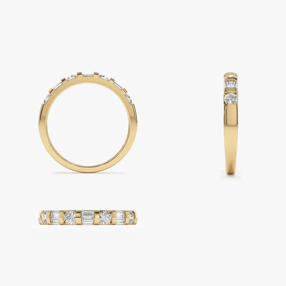 14K Solid Gold Double Baguette and Round Diamond 0.50 Carat Wedding Ring