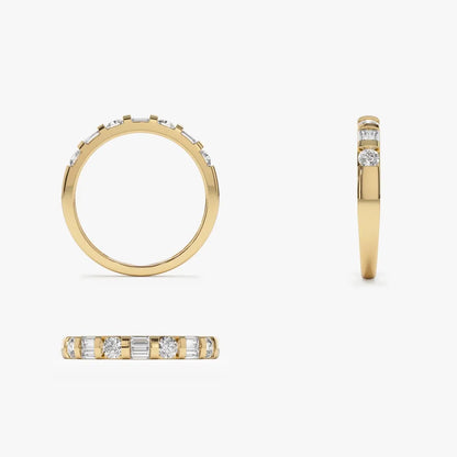 14K Solid Gold Double Baguette and Round Diamond 0.50 Carat Wedding Ring