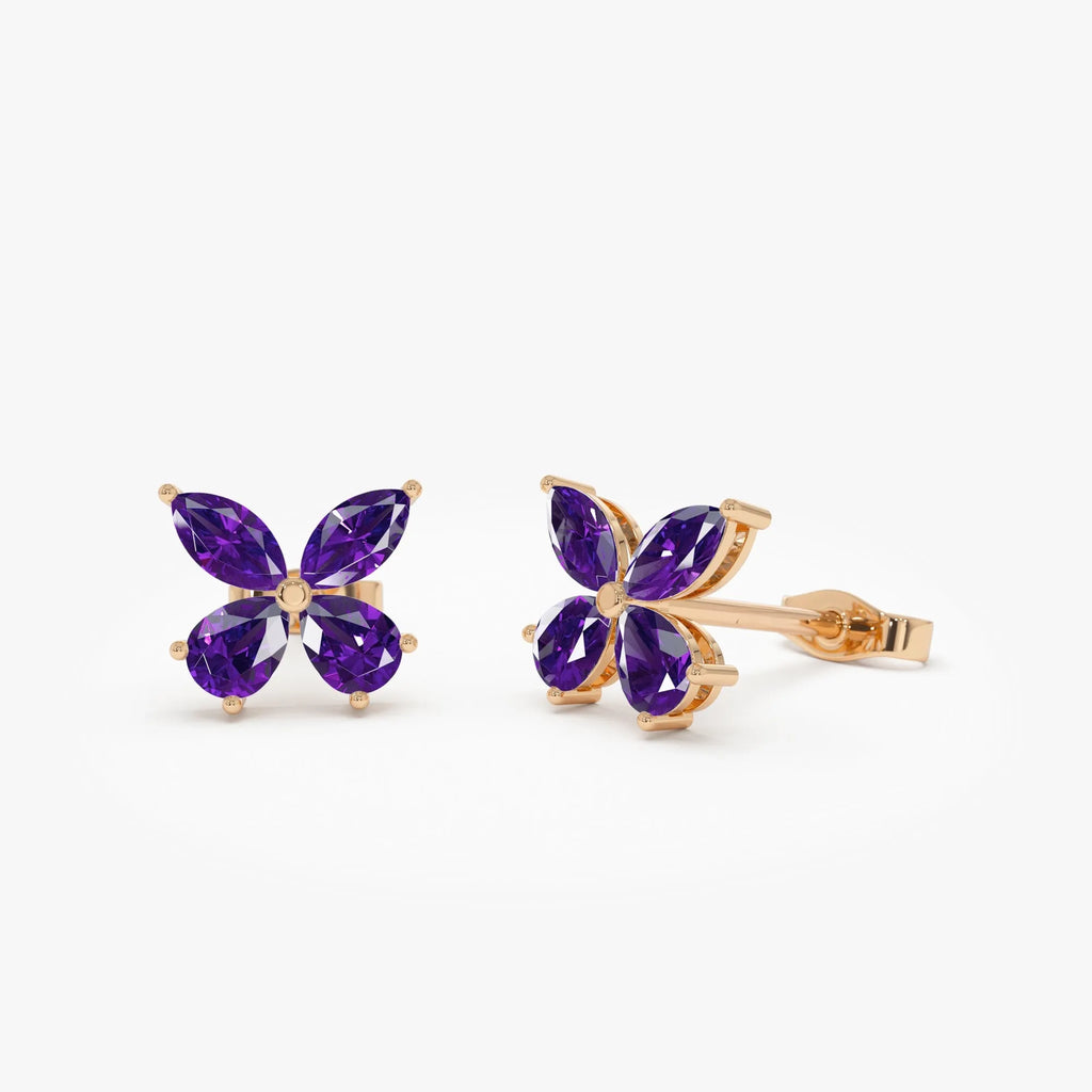 14K Solid Gold Marquise and Pear Cut Amethyst Butterfly Stud Earrings 1.15ctw