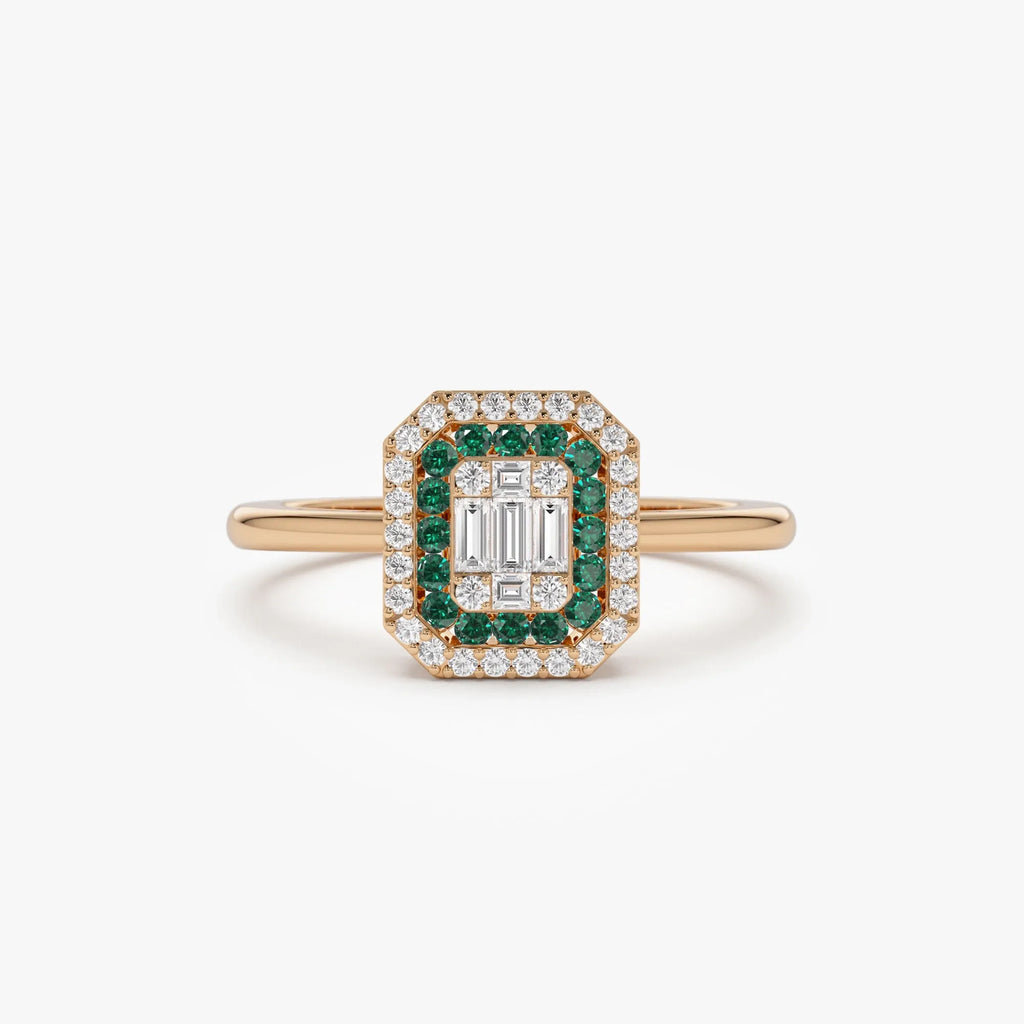 14K Solid Gold Round Emerald and Baguette Diamond Halo Ring 0.47 CTW