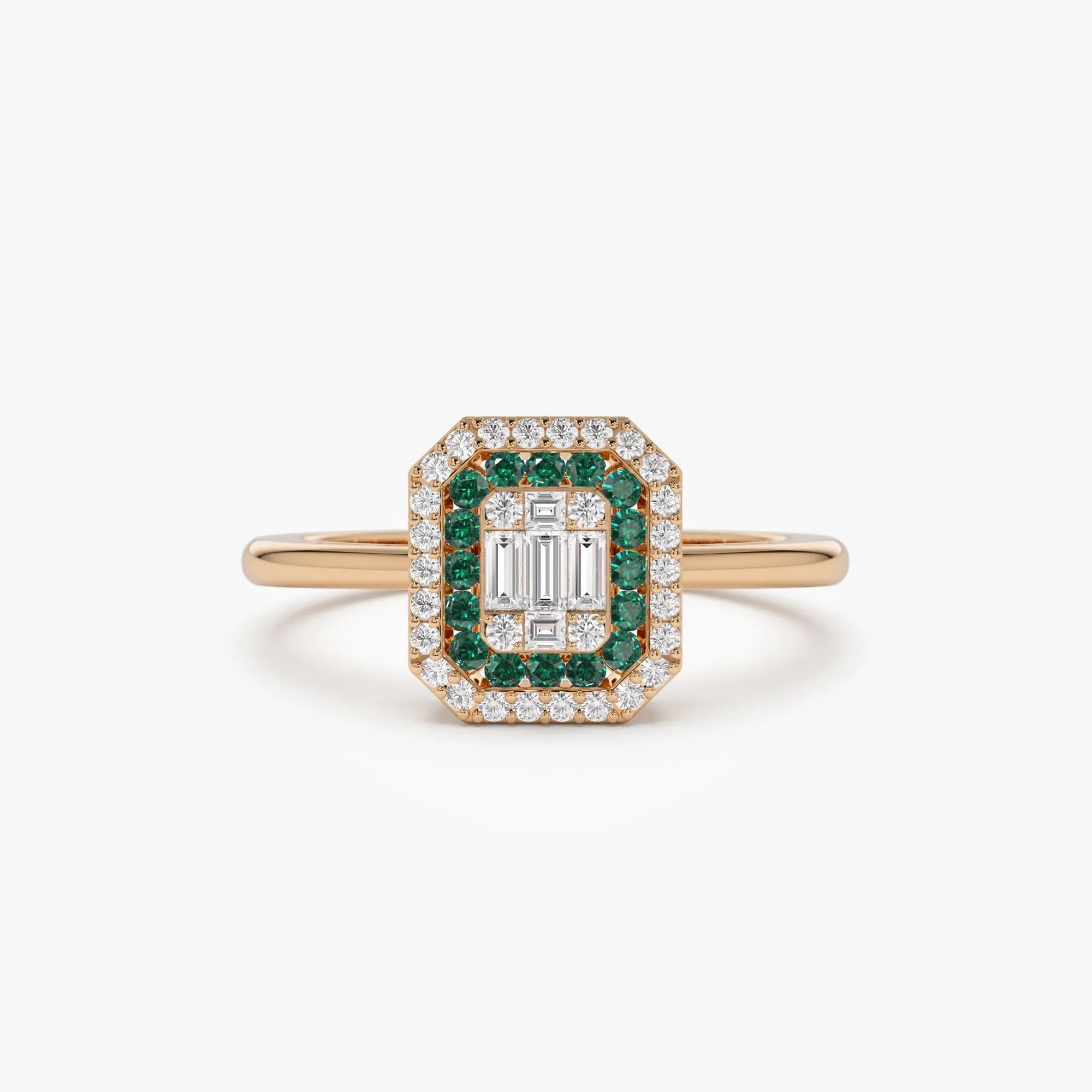 14K Solid Gold Round Emerald and Baguette Diamond Halo Ring 0.47 CTW