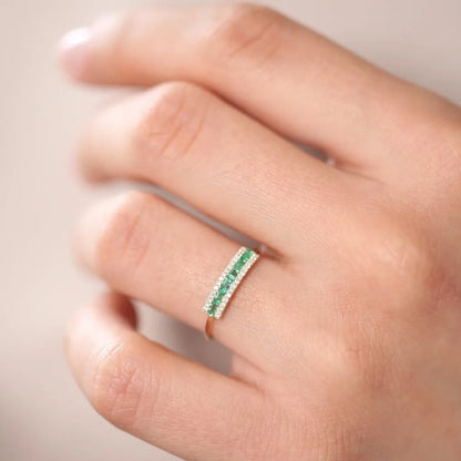 14K Solid Gold Baguette Emerald and Round Diamond Channel Micro Pave Ring 0.60 CTW