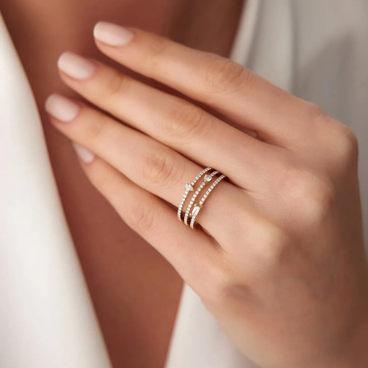 14k Gold 0.34 Carat Mixed Shape Round Baguette and Pear Diamond Triple Row Statement Ring