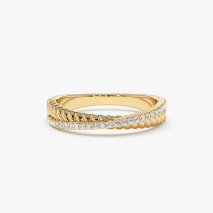 14k Gold 0.20 Carat Round Diamond Micro Pave Twisted Rope Criss Cross Ring