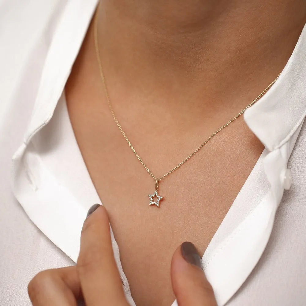 14K Solid Gold Round Diamond Star Charm Pendant Layering Necklace 0.14ctw