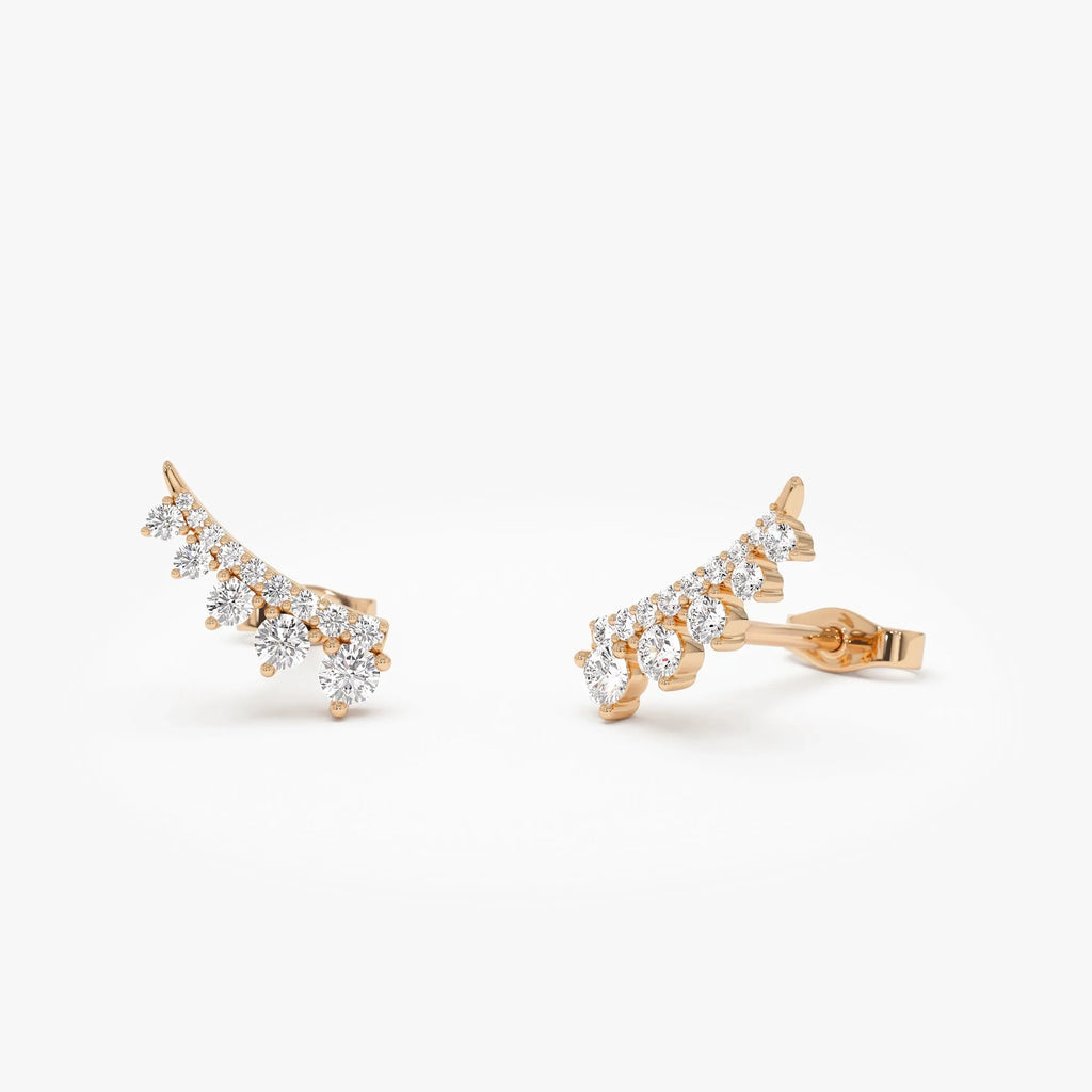 14k Gold Diamond Round Cut Graduating Ear Climber Stud Earrings 0.31 ctw