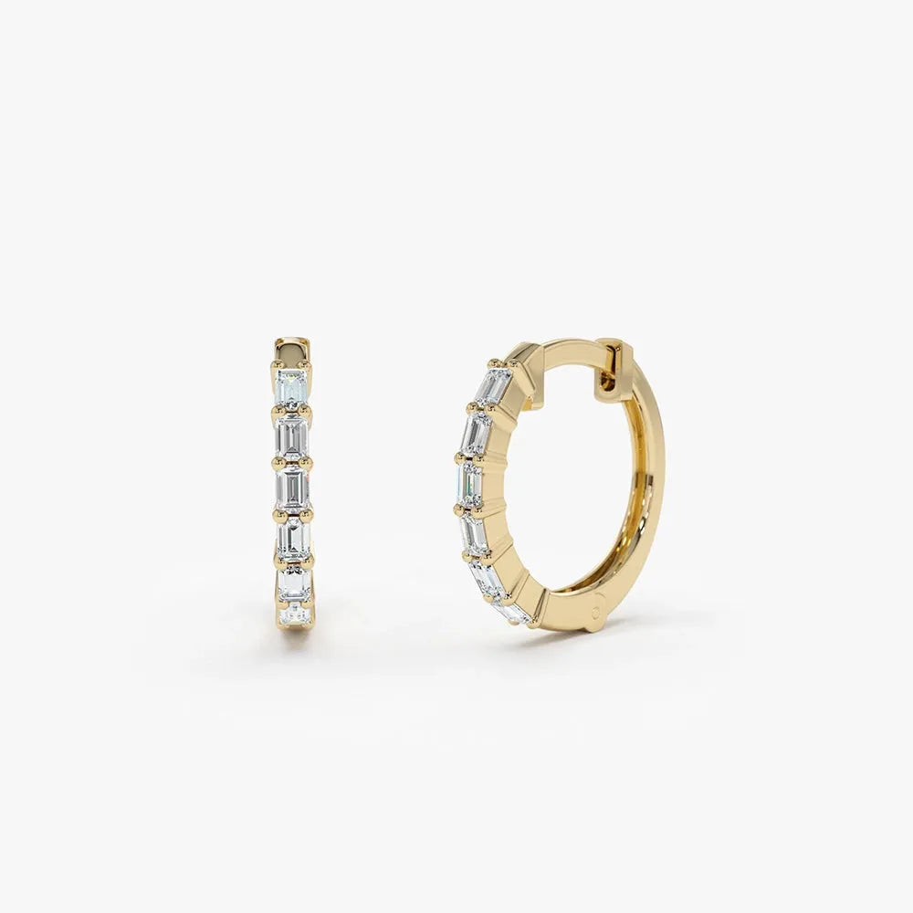14k Gold Diamond Baguette Cut Mini Shared Prong Huggie Earrings 0.25 ctw