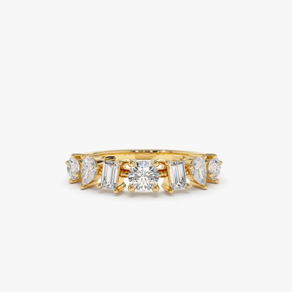 14k Gold Diamond Mixed Round Baguette and Pear Cut 0.77 Ctw Prong Set Ring