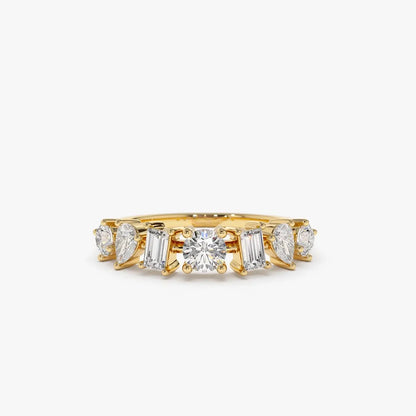 14k Gold Diamond Mixed Round Baguette and Pear Cut 0.77 Ctw Prong Set Ring