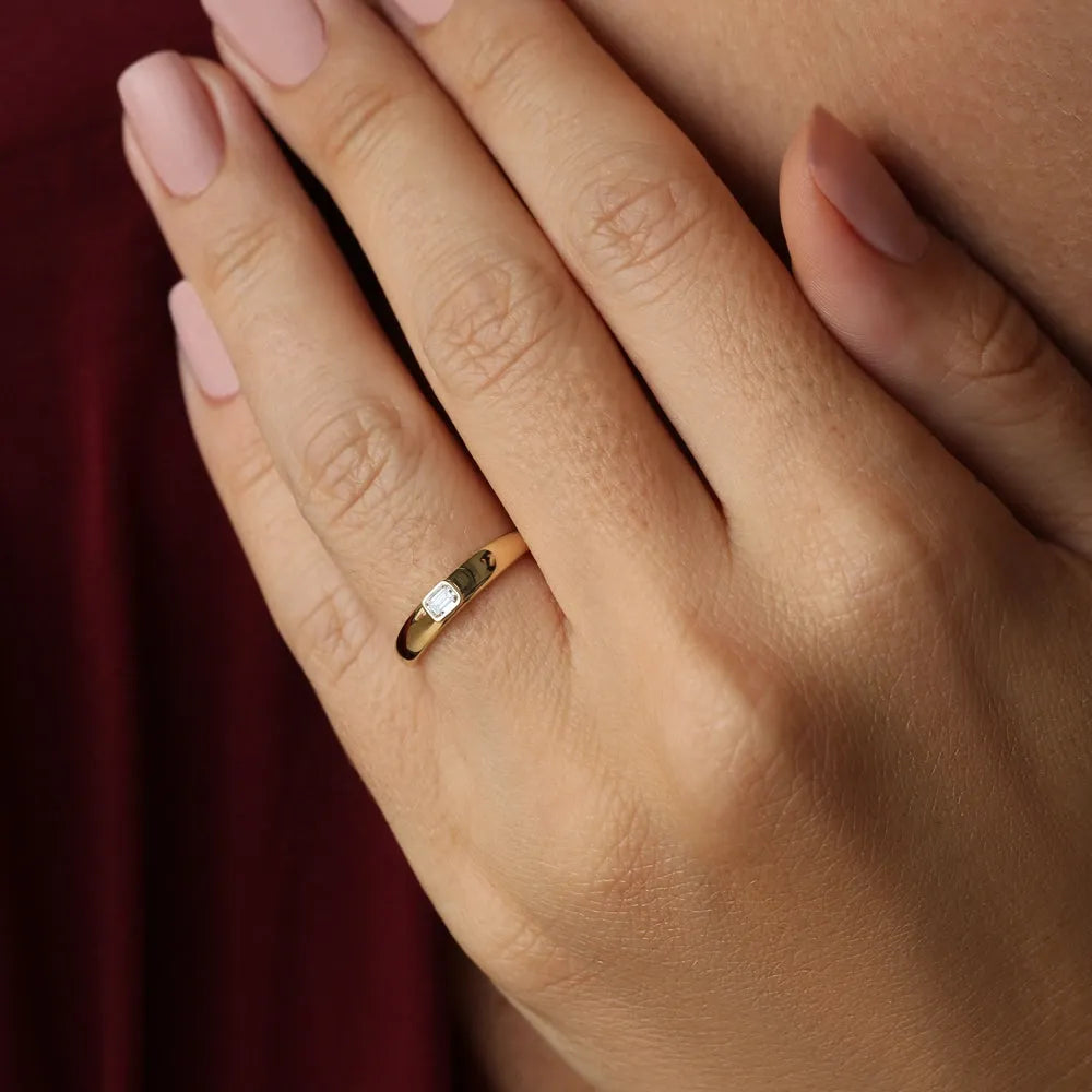 14k Gold Emerald Cut Diamond Solitaire Ring Dome Bezel Setting 0.12 ctw