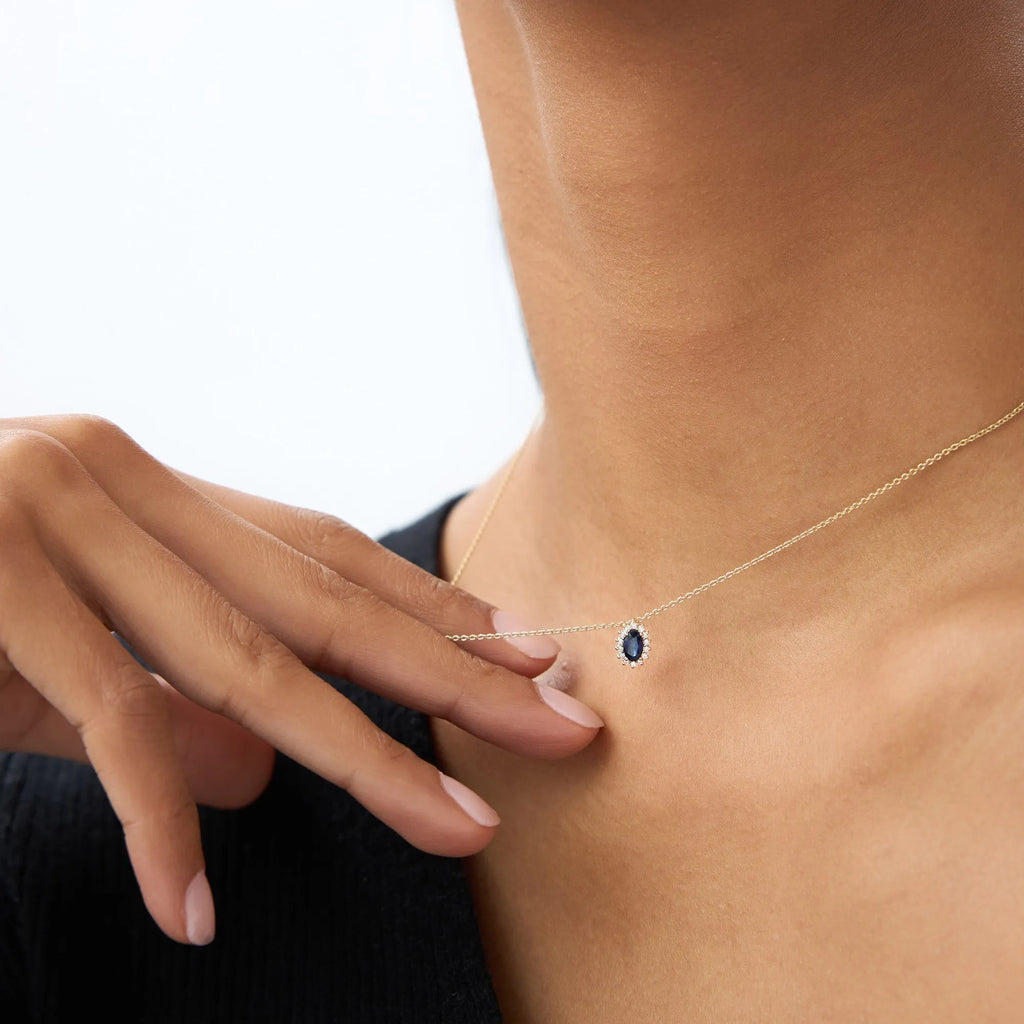 14k Solid Gold Sapphire and Diamond Oval Halo Necklace 0.35 Carat