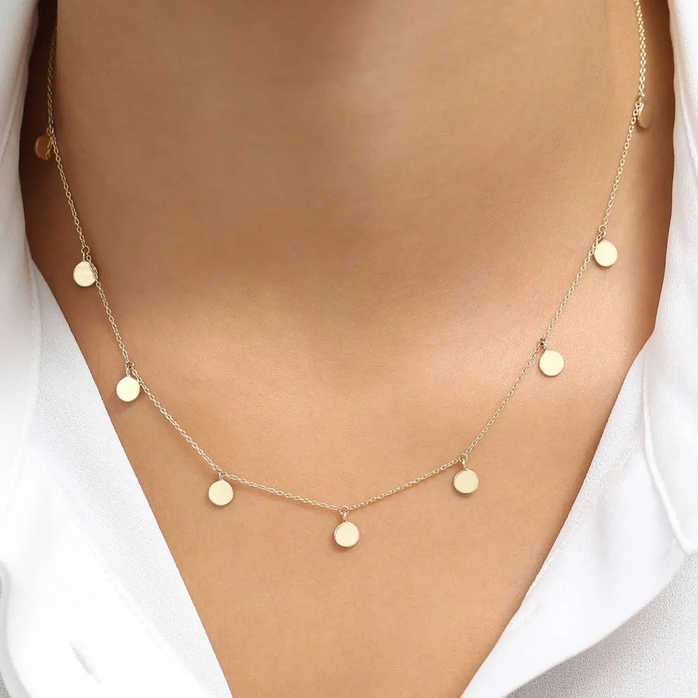 14k Solid Gold Round Coin Disc Choker Necklace with 9 Multi Discs