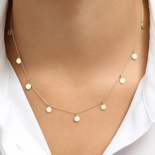 14k Solid Gold Round Coin Disc Choker Necklace with 9 Multi Discs