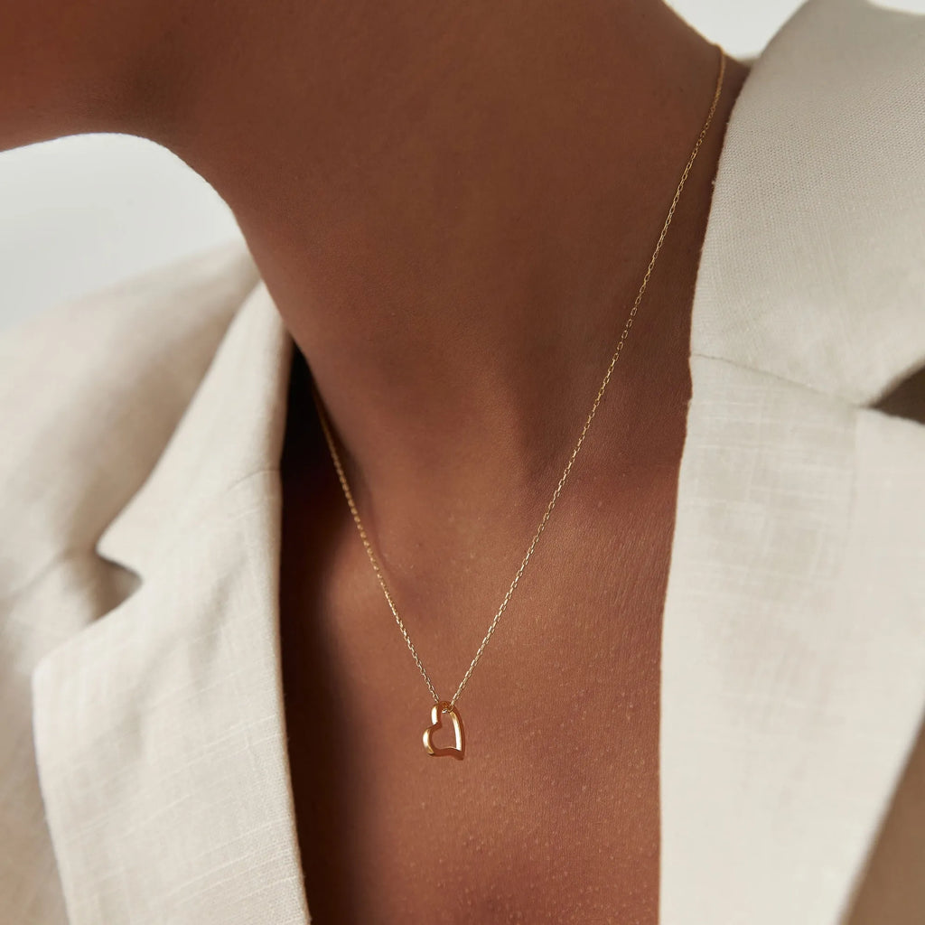 14k Solid Gold Open Heart Charm Pendant Necklace