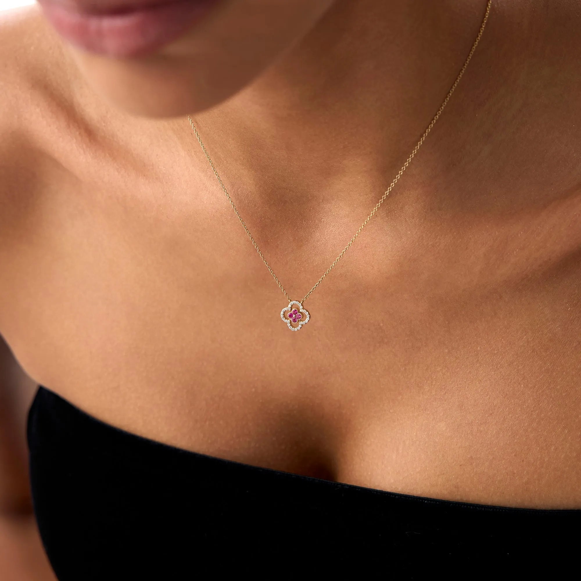 14k Solid Gold Ruby and Diamond Round Clover Halo Necklace 0.24 Carat