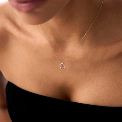 14k Solid Gold Ruby and Diamond Round Clover Halo Necklace 0.24 Carat