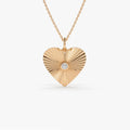 14K Solid Gold Round Diamond Heart Shape Disc Ray Pendant Necklace 0.10ctw