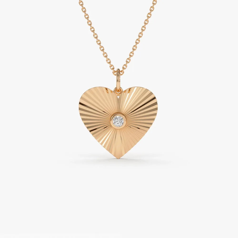 14K Solid Gold Round Diamond Heart Shape Disc Ray Pendant Necklace 0.10ctw