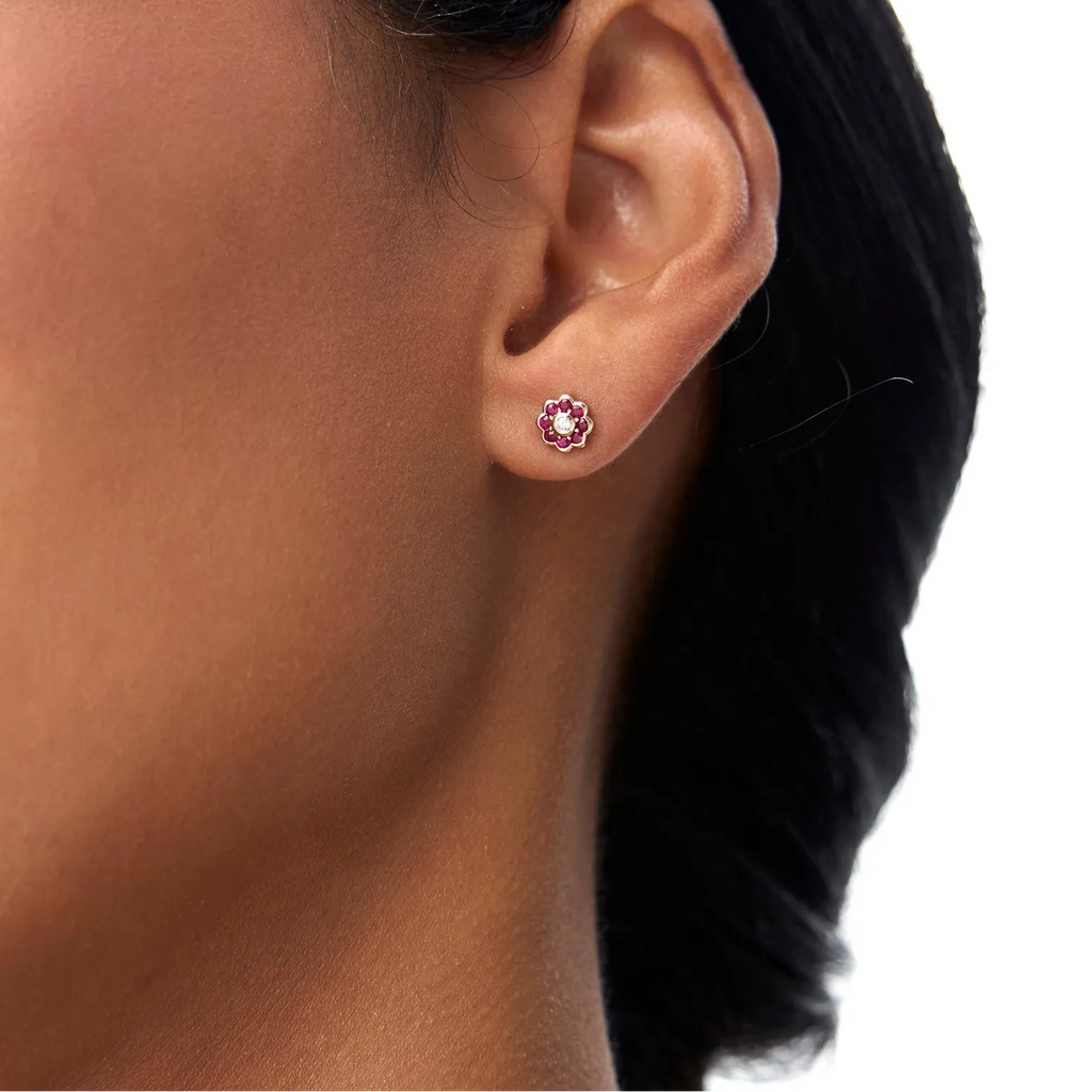 4k Gold Ruby and Diamond Round Cut Flower Stud Earrings Bezel Setting 0.57 ctw